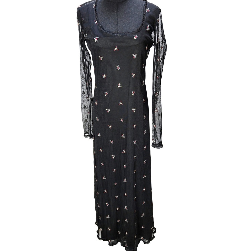 Vintage Y2K Betsey Johnson L Black Sheer Mesh Embroidered Floral Maxi Dress